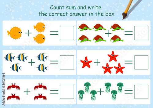 Mini games collection for kids.  Counting for preschool. Calculate amount. Funny marine animals. Page for coloring book, leisure activity task for children. 
