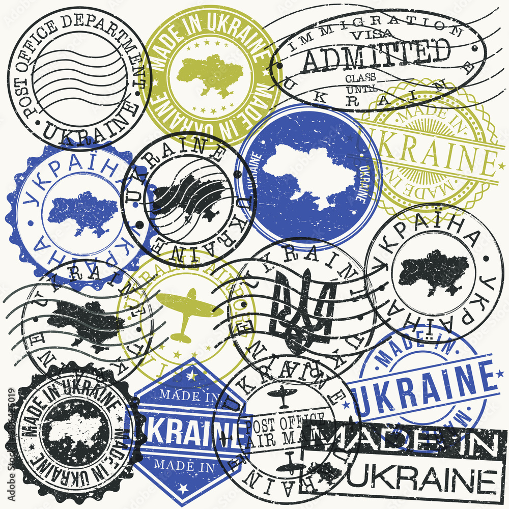Ukraine Set of Stamps. Travel Passport Stamp. Made In Product. Design Seals Old Style Insignia. Icon Clip Art Vector.