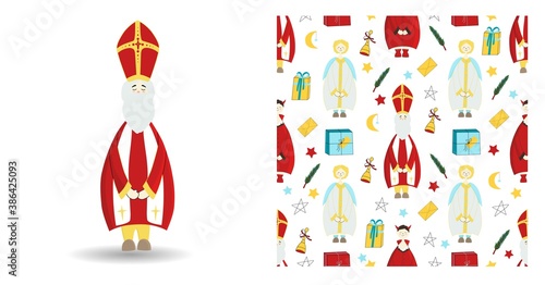 Set of festive illustration. Saint nicholas character isolated on white. Seamless winter pattern with gifts and star
