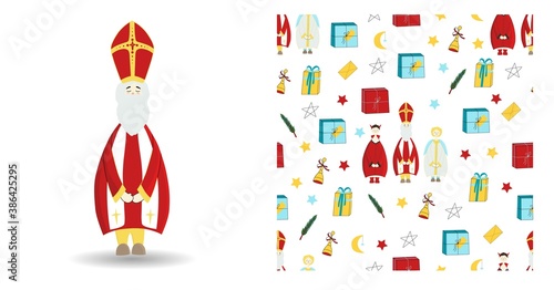 Set of festive illustration. Saint nicholas character isolated on white. Seamless winter pattern with gifts and star