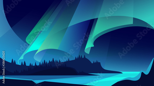 Illustration of aurora borealis. Natural light show.