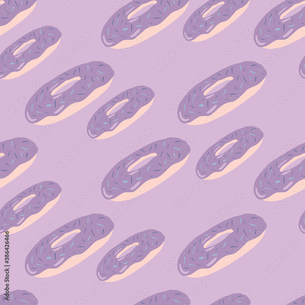 Stylized dessert seamless pattern with donuts silhouettes. Random food print in light pastel purple colors.