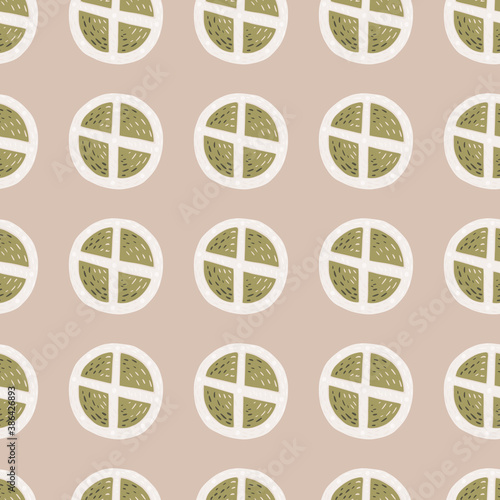 Circle wood shield ornament seamless stylized middle ages pattern. Weapon print in white and beige color on light pink background.