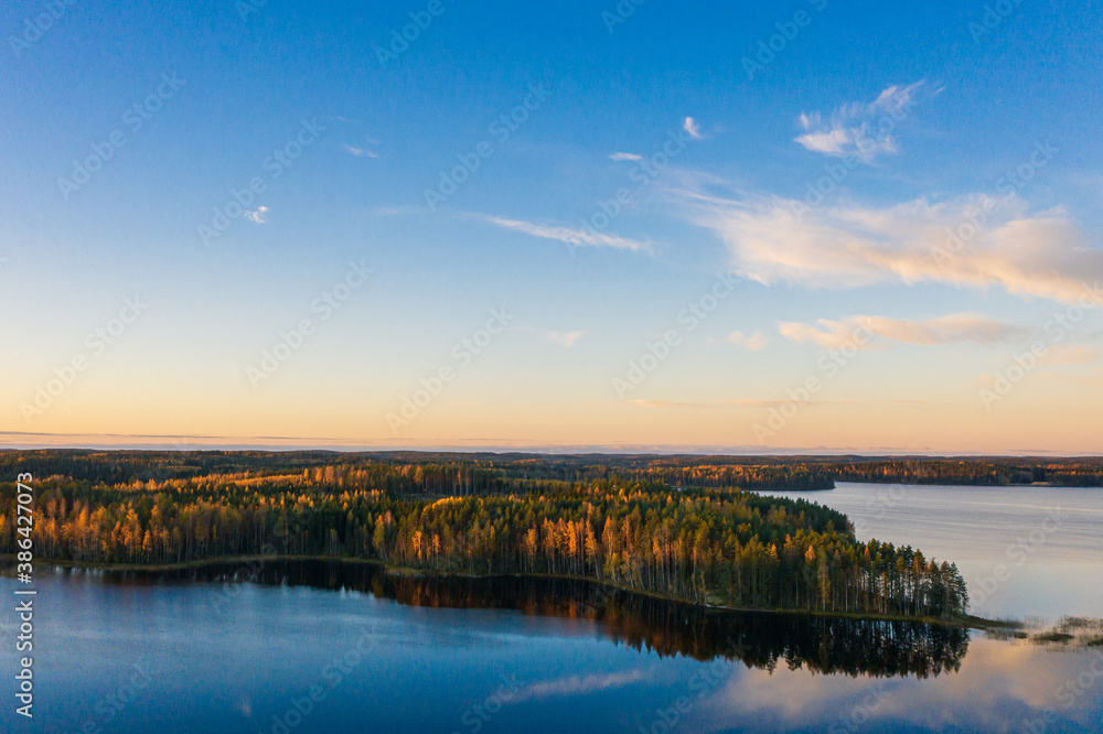 sunrise over lake aerial photo