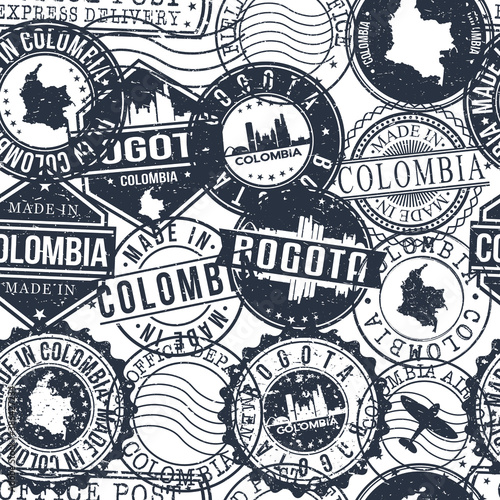 Bogota Colombia Stamps Background. City Stamp Vector Art. Postal Passport Travel. Design Set Pattern.