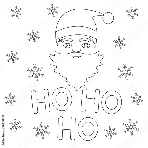 Coloring page. Santa face and snowflakes. Ho ho ho.