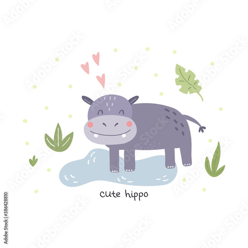 Funny cute hippo cartoon style. Vector print with lion. Printable templates