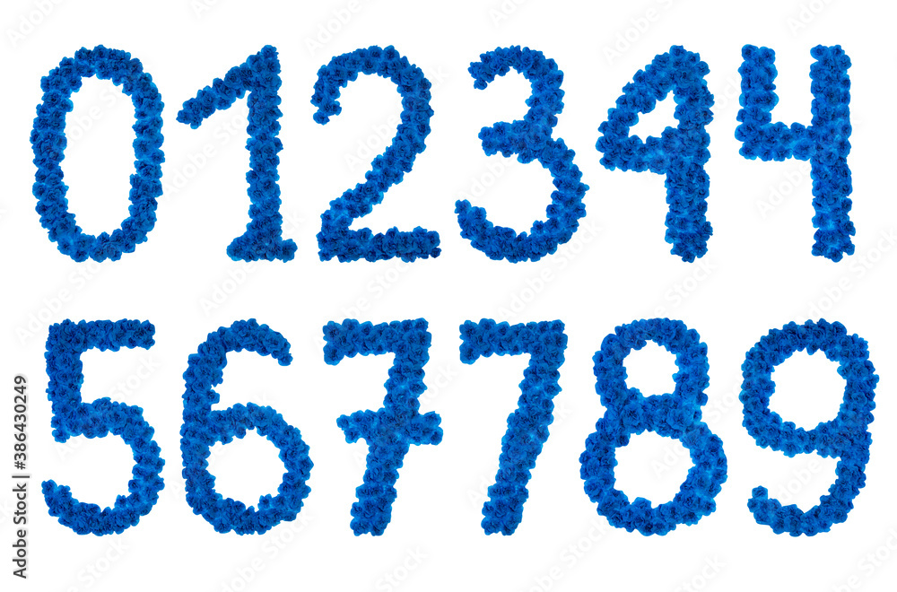 Beautiful numbers from blue festive bright flowers on a white background Beautiful numbers from blue festive bright flowers on a white background