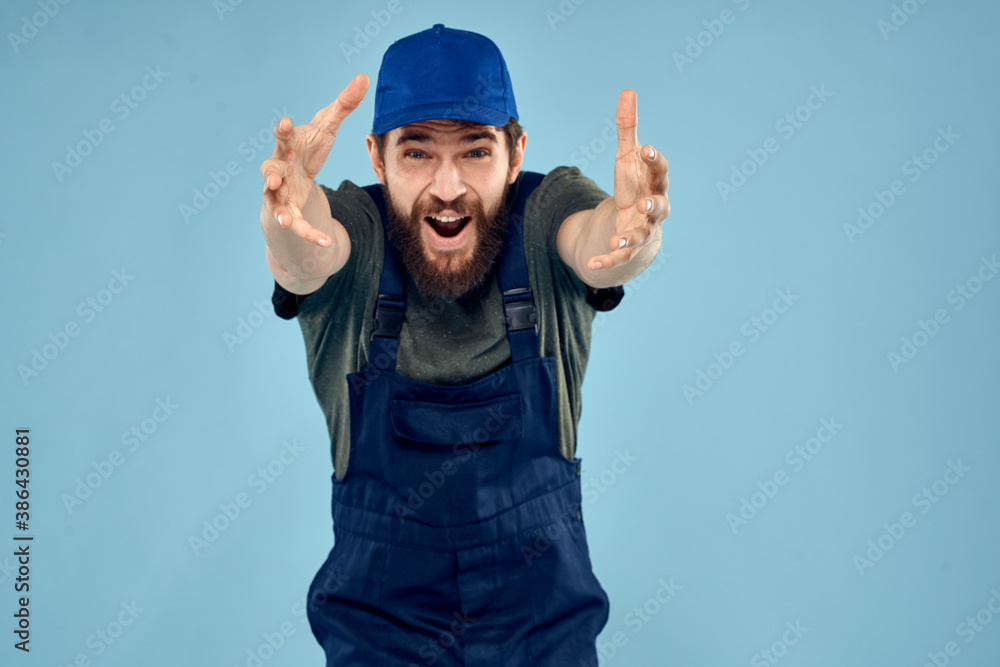 Man in working uniform emotions in life delivery service work Man in working uniform emotions in life delivery service work