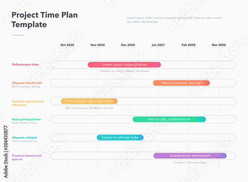 Modern business project time plan template with colorful project tasks in time intervals. Easy to use for your website or presentation.