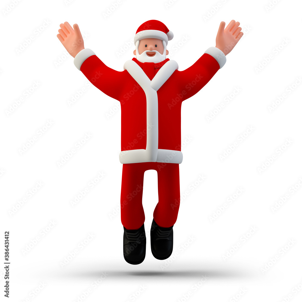 Santa Claus Jumping Happy on white background front view. Happy New Year Merry Christmas holidays concept 3D illustration Santa Claus Jumping Happy on white background front view. Happy New Year Merry Christmas holidays concept 3D illustration