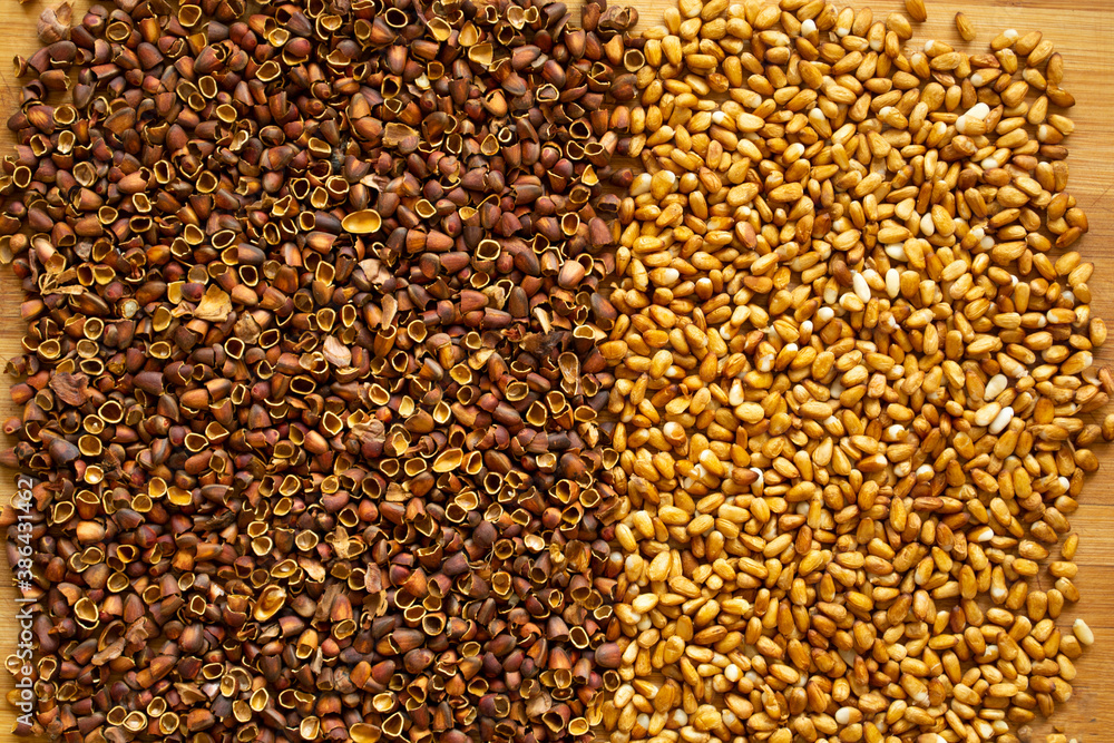 Obraz premium Cedar nut kernels, cedar nut shells. Cedar nut on wooden background.