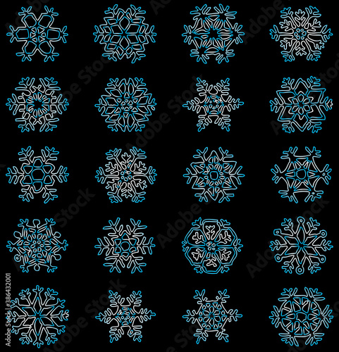Vector drawing of contours various christmas snowflakes