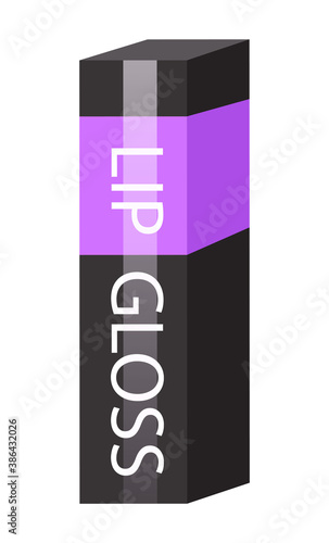 Lip gloss package isolated at white. 3d icon with black and violet colors and text. Cosmetics concept. Tool or instrument, equipment for visagiste. Packaging design of lip gloss. Simple icon