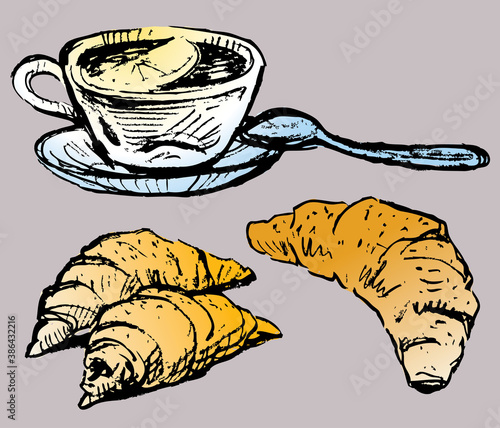 Vector drawing of tea cup with lemon and croissants