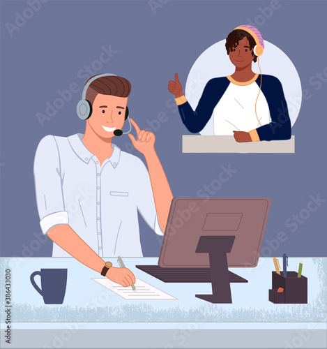 Man operator of call center or hotline working. Consultant with headset and computer talking with customer. Smiling man solved problem of client. Black satisfied guy show thumb up for good work