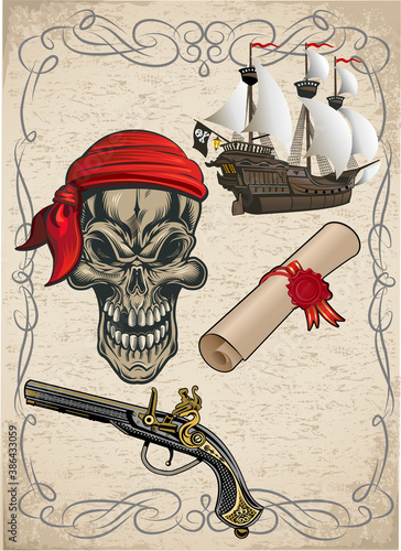 Pirate ship and skull