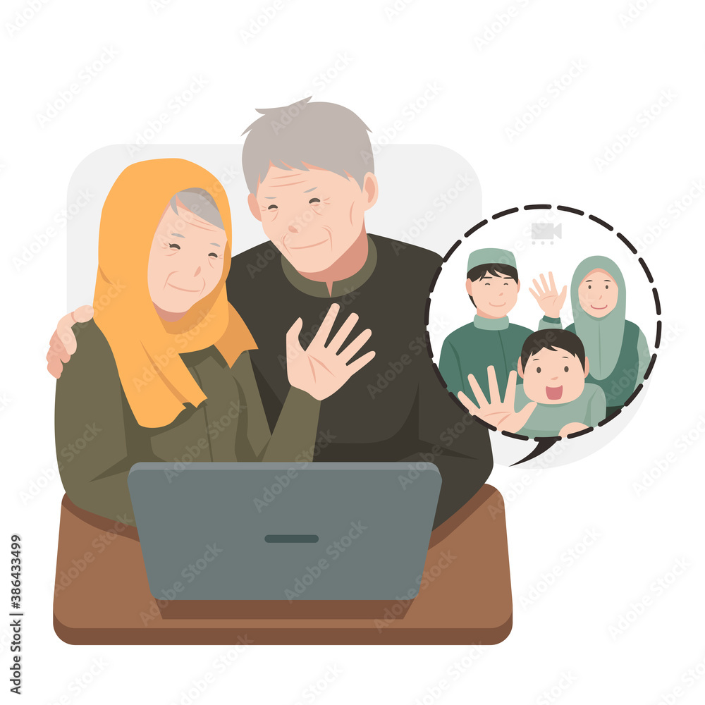 Muslim family communicate online with video calls during quarantine Muslim family communicate online with video calls during quarantine