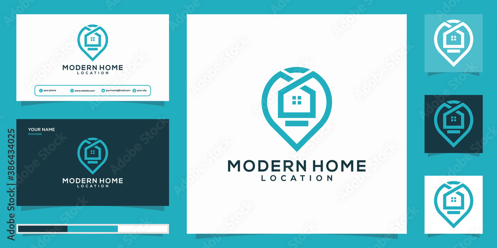 Home location logo with line art and business card design. pin, map, location, home, house Home location logo with line art and business card design. pin, map, location, home, house