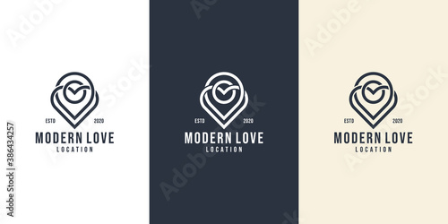Creative love location logo with heart and map marker. Vector design template
