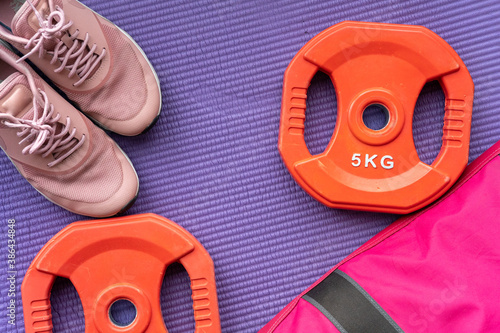 sport sneakers backpack dumbbells mat sport at home girl