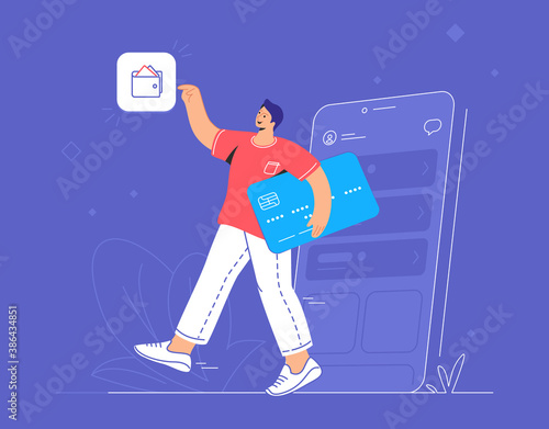 Online banking, ewallet and credit card. Flat vector illustration of smiling man going out of a smartphone with blue credit card and pionting to wallet mobile app for accounting and investments