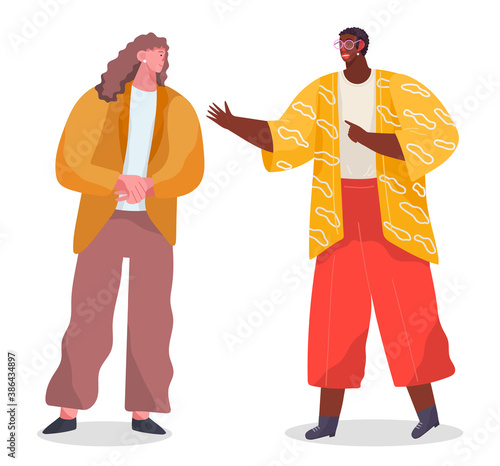 Conversation of two stylish people  black african man wearing eyeglasses talking with caucasian woman  colleagues talk  office workers  friends meeting  isolated cartoon characters  flat style