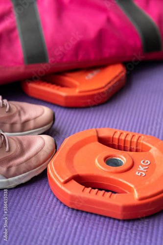 sport sneakers backpack dumbbells mat sport at home girl