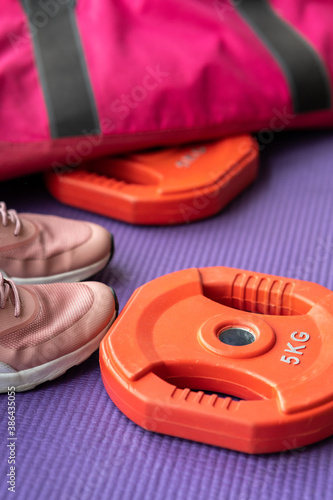sport sneakers backpack dumbbells mat sport at home girl