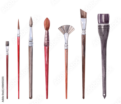 A set of brushes on the handle of different shapes and sizes. Watercolor on a white background.