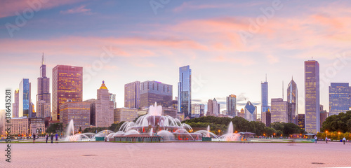 Canvas Print Panorama of Chicago skyline  with skyscrapers at sunset