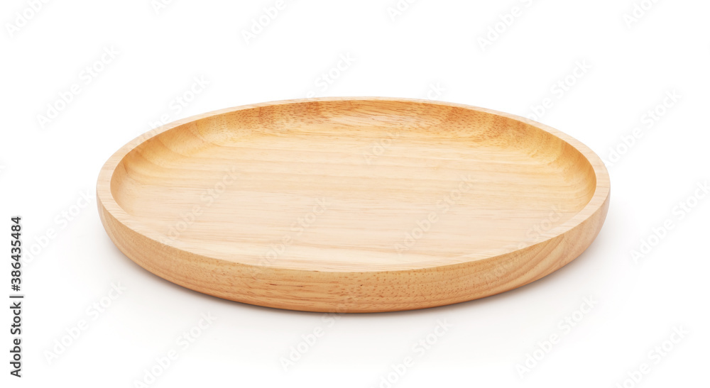 Empty wooden plate isolated on white background with clipping path, brown wood round tray Empty wooden plate isolated on white background with clipping path, brown wood round tray