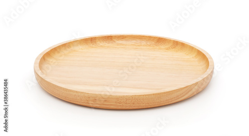 Empty wooden plate isolated on white background with clipping path, brown wood round tray