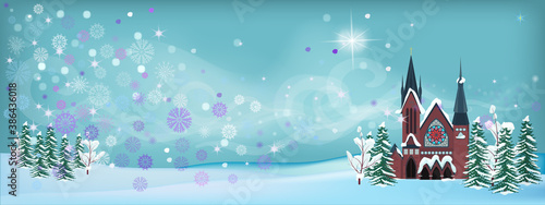 Winter Christmas landscape. A Church or Cathedral on the background of a fabulous snowstorm. Christmas star in the sky. Vector illustration with free space for your text or greetings