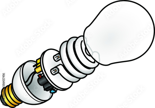 Exploded diagram of a CFL (Compact Fluorescent Lamp) lightbulb.