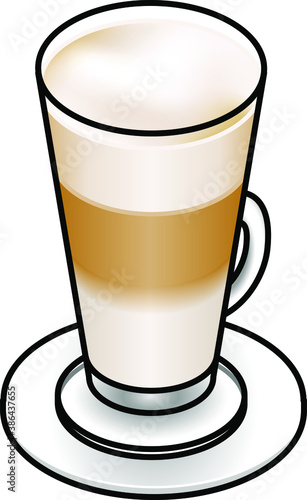 Cafe latte in a tall glass with layers of milk foam, coffee and milk.