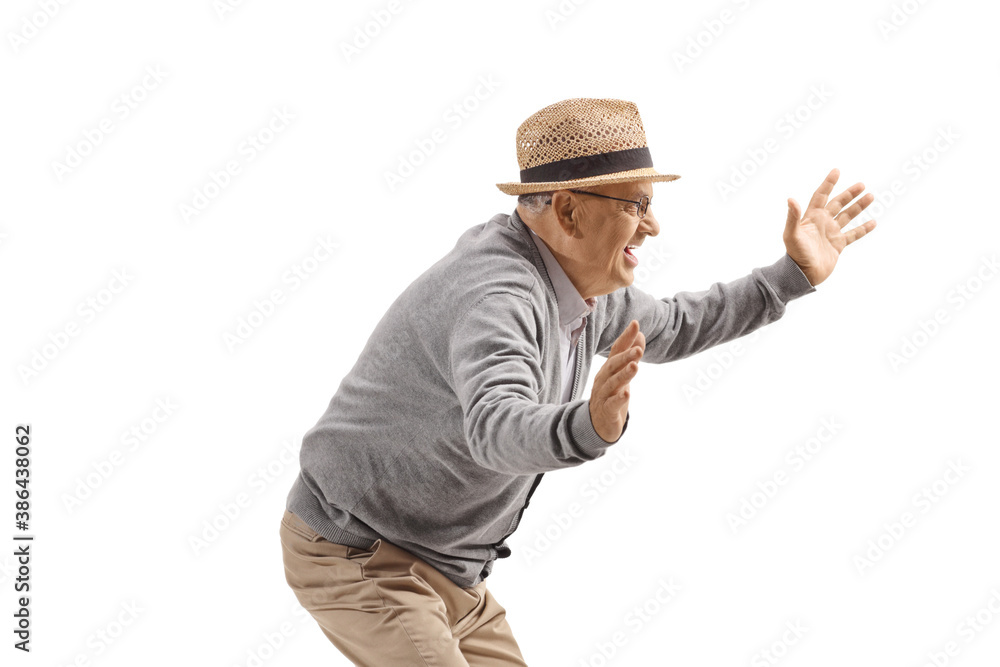 Elderly man smiling and spreading arms