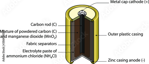 Cross-section / cut-away diagram of a dry cell battery. With text labels.