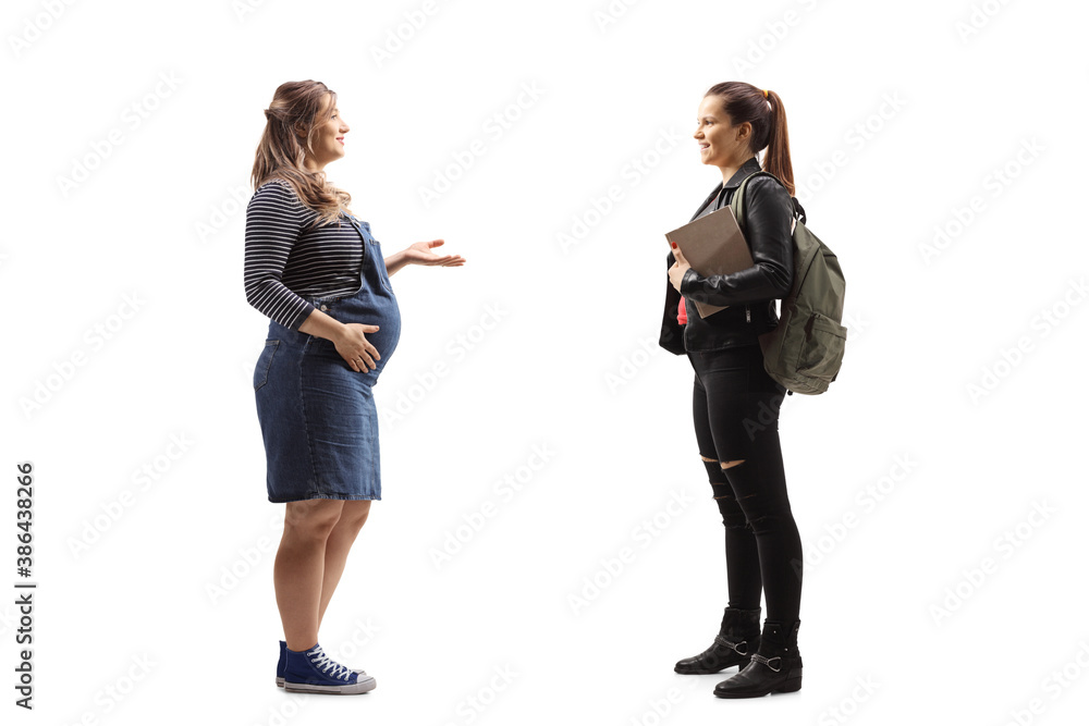 Fototapeta premium Full length profile shot of a young pregnant woman talking to a female student with a backpack and books