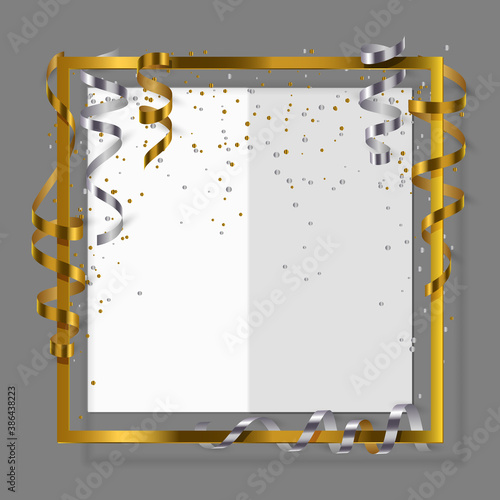 Gold frame with gold and silver ribbon, serpentine, dust and white paper for flyer, poster, for sale sign, discount, marketing, selling, banner, web, header. Vector illustration. 
