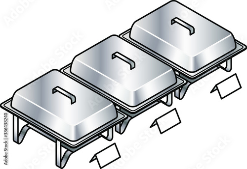 Three stainless steel buffet food warmers/serving trays with matching label cards.