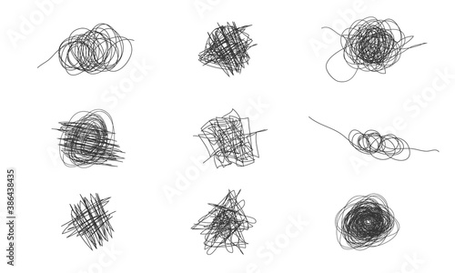  Insane messy line.Set of messy clew symbols connected between them line of symbols with scribbled round element,  Freehand drawing. Black and white  abstract scribbles, chaos doodles. Vector illustra