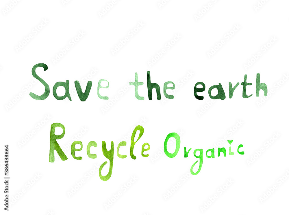 Save the earth,recycle,organic sign,tree,bicycle watercolor isolated on white background. Save the earth,recycle,organic sign,tree,bicycle watercolor isolated on white background.