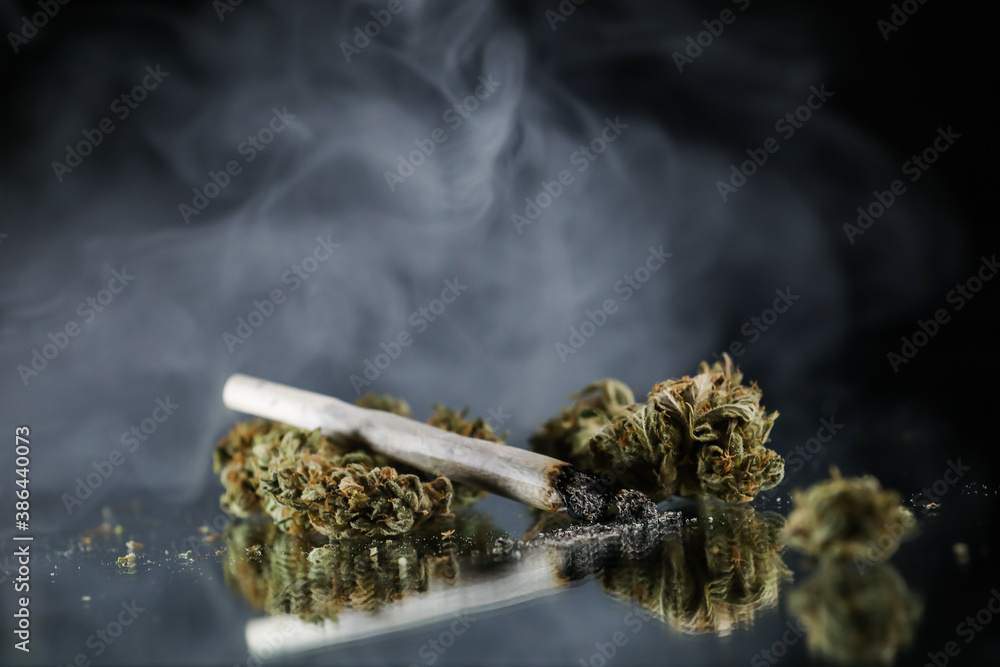 custom made wallpaper toronto digitalCannabis branch and joint in the smoke on a black background. Marijuana legalization. Medical cannabis. Drug addiction.