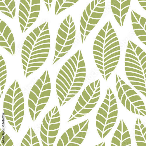 Seamless green abstract tangerine lemon leaves vector pattern. Natural simple background on white. Hand drawn leaves 