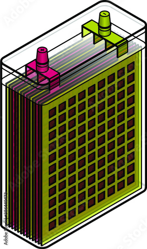 X-ray view of a lead-acid battery showing the layered plates, plate separators and the anode/cathode (positive/negative) terminals.