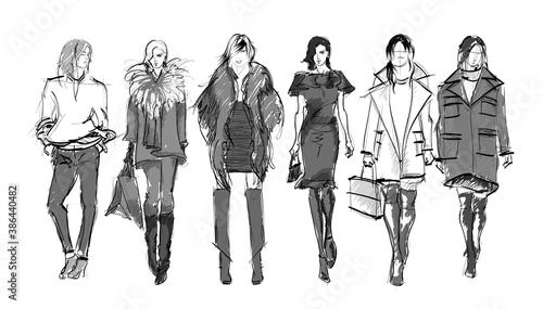 Beautiful young women in modern style.. Hand drawn stylish woman portrait. Fashion lady. Festive outfit. Sketch. Fashion model posing in dress. Hand drawn fashion woman.