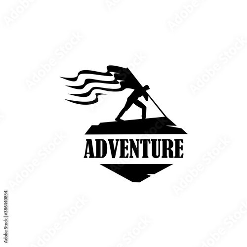 Backpacker, hiker, traveller or explorer standing, holding flag. adventure and outdoor.