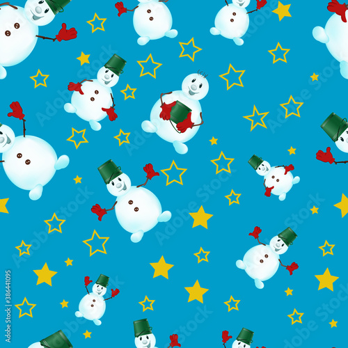 Christmas seamless pattern with funny cartoon-style snowmen and stars. Drawing for greetings, wrapping paper or fabric for children's things.