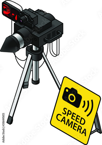 traffic speed trap camera/radar unit on a tripod. With a yellow warning sign.